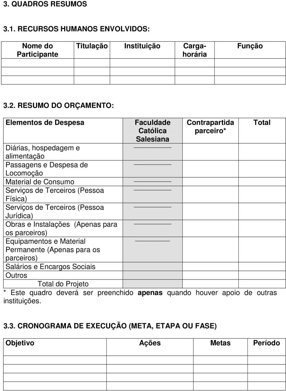 de Consumo Serviços de Terceiros (Pessoa Física) Serviços de Terceiros (Pessoa Jurídica) Obras e Instalações (Apenas para os parceiros) Equipamentos e Material Permanente (Apenas