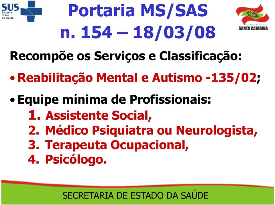 Reabilitação Mental e Autismo -135/02; Equipe mínima de