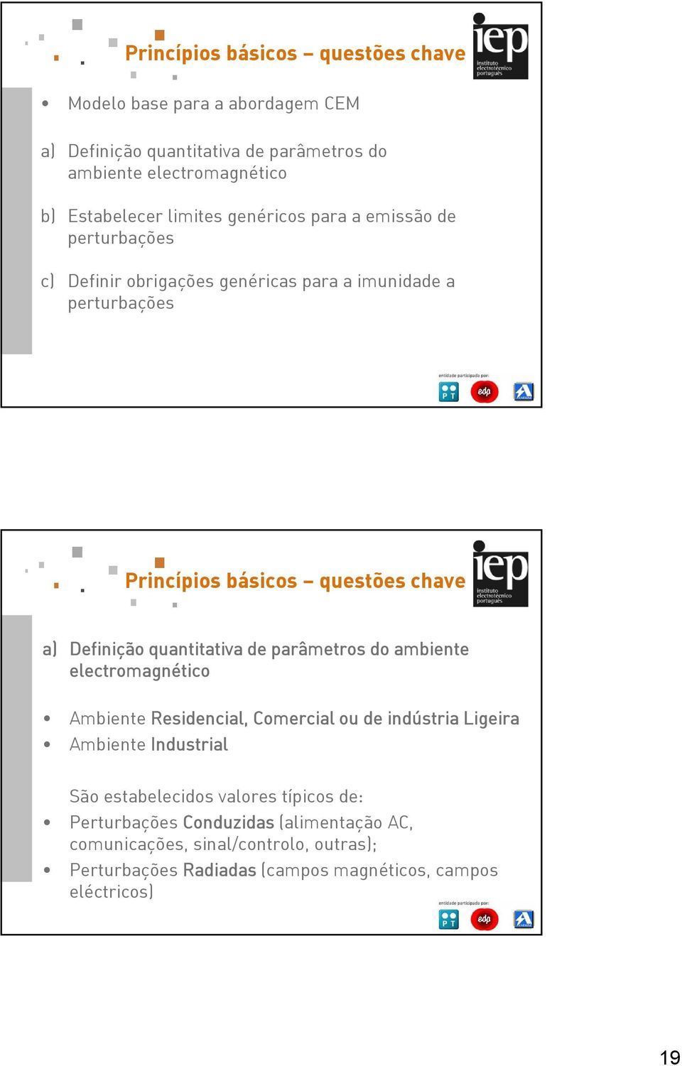 Definição quantitativa de parâmetros do ambiente electromagnético Ambiente Residencial, Comercial ou de indústria Ligeira Ambiente Industrial São