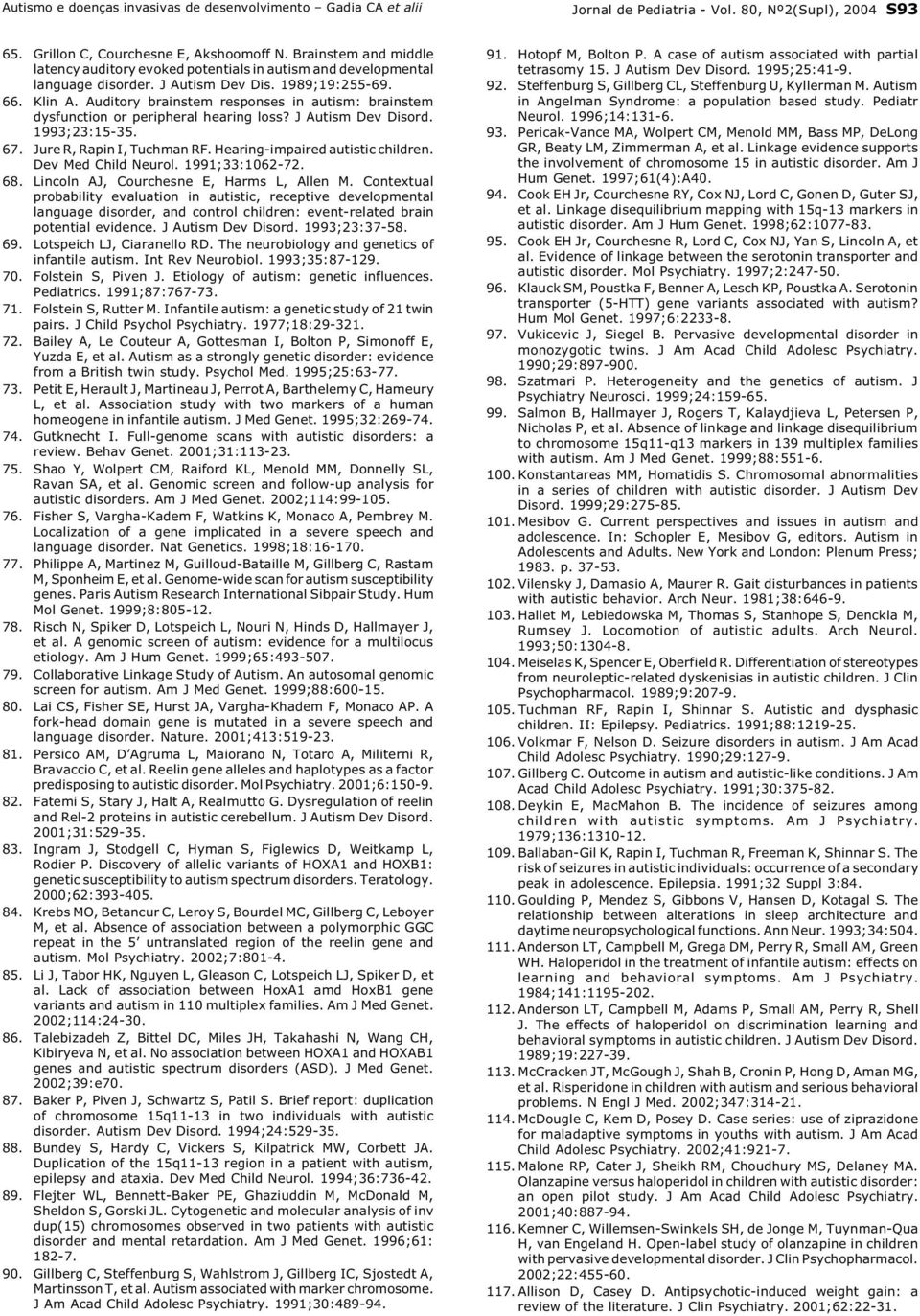 Auditory brainstem responses in autism: brainstem dysfunction or peripheral hearing loss? J Autism Dev Disord. 1993;23:15-35. 67. Jure R, Rapin I, Tuchman RF. Hearing-impaired autistic children.