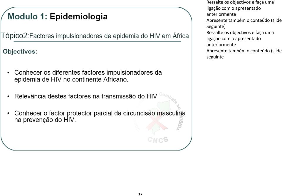 (slide Seguinte) Ressalte os objectivos e faça uma ligação