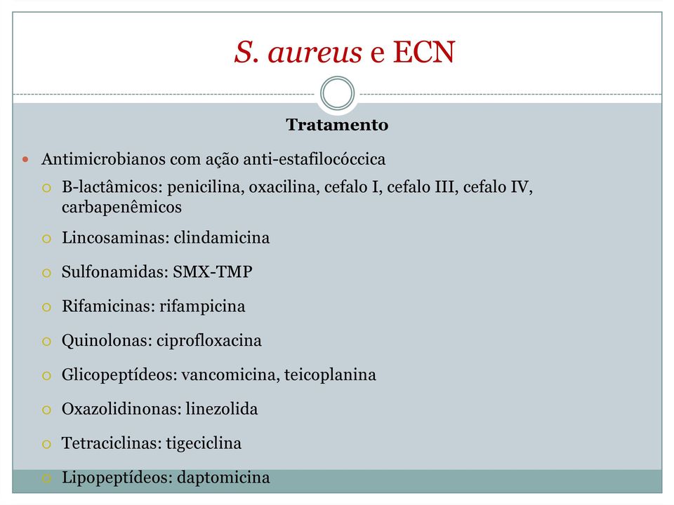 Sulfonamidas: SMX-TMP Rifamicinas: rifampicina Quinolonas: ciprofloxacina Glicopeptídeos: