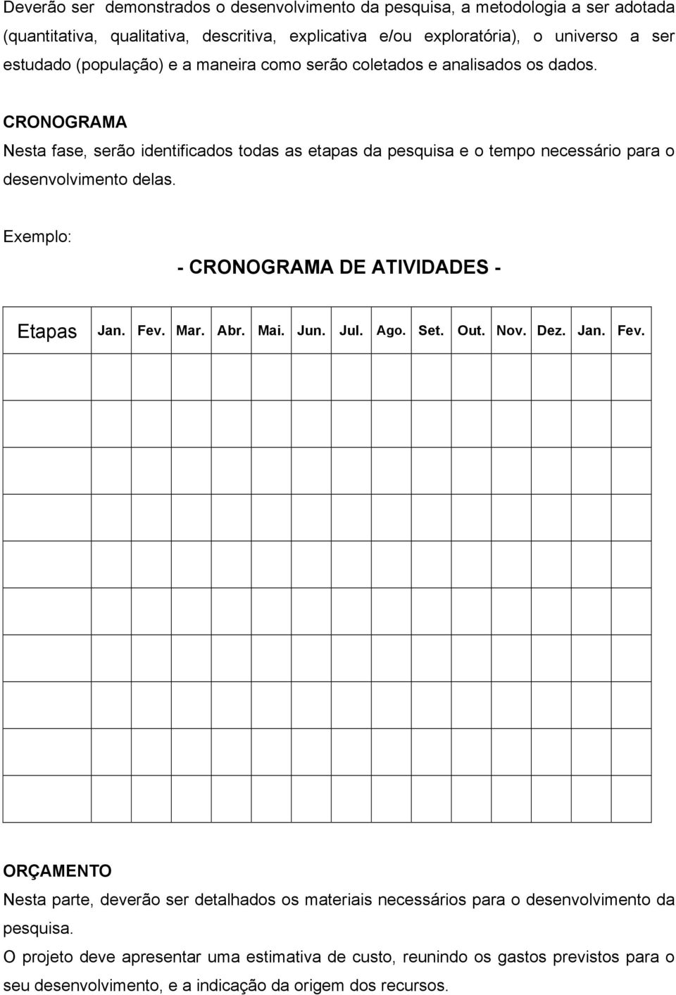 CRONOGRAMA Nesta fase, serão identificados todas as etapas da pesquisa e o tempo necessário para o desenvolvimento delas. Exemplo: - CRONOGRAMA DE ATIVIDADES - Etapas Jan. Fev. Mar.