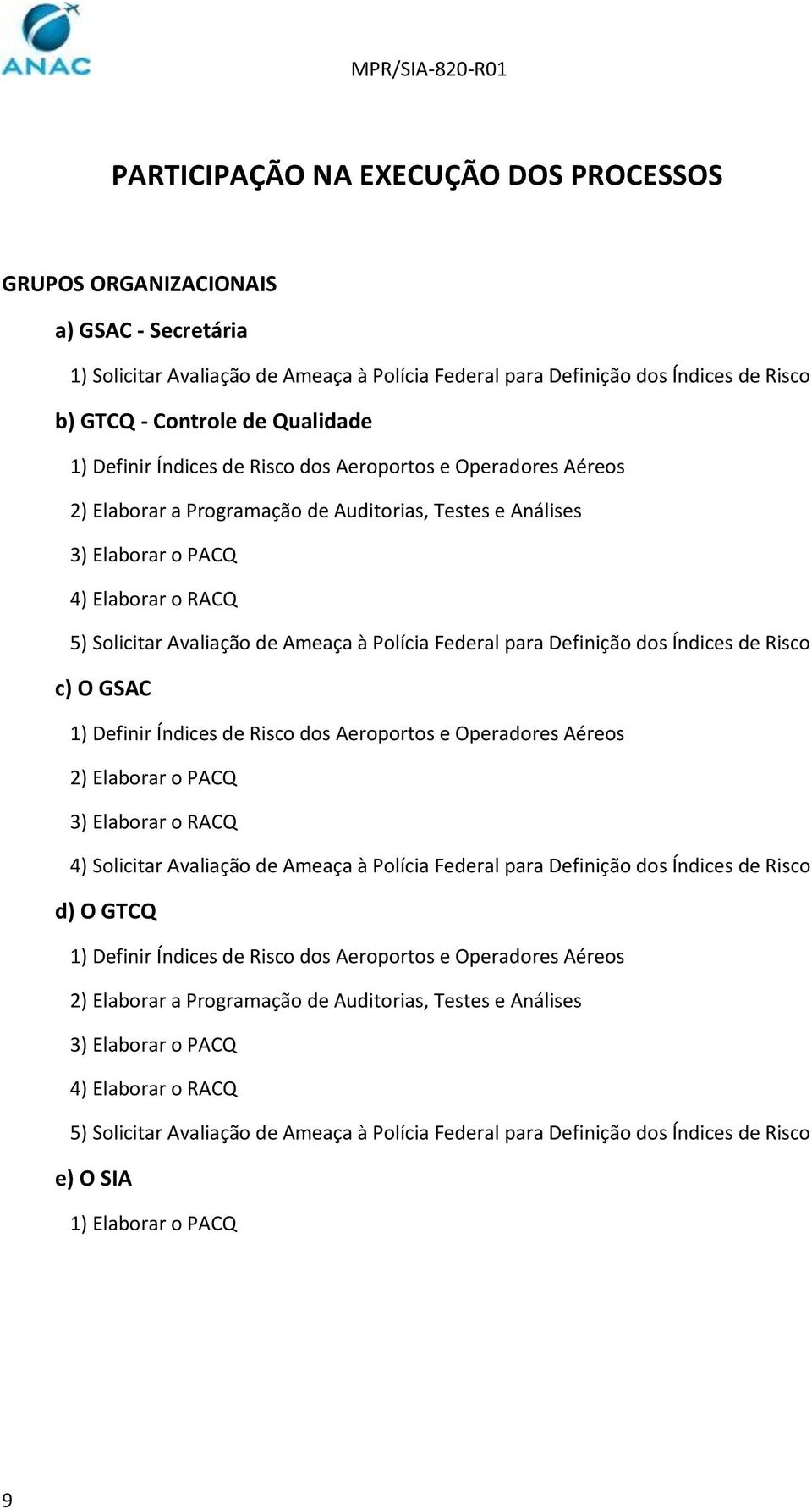 Ameaça à Polícia Federal para Definição dos Índices de Risco c) O GSAC 1) Definir Índices de Risco dos Aeroportos e Operadores Aéreos 2) Elaborar o PACQ 3) Elaborar o RACQ 4) Solicitar Avaliação de