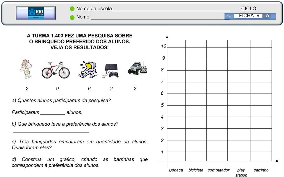 b) Que brinquedo teve a preferência dos alunos? c) Três brinquedos empataram em quantidade de alunos.