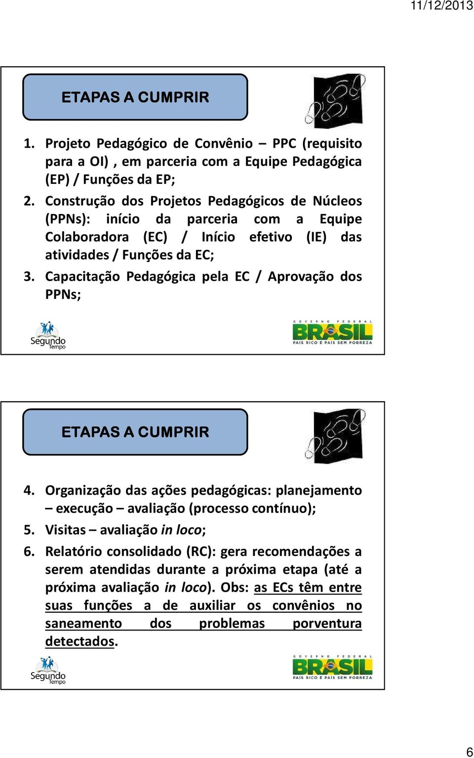 Capacitação Pedagógica pela EC / Aprovação dos PPNs; ETAPAS A CUMPRIR 4. Organização das ações pedagógicas: planejamento execução avaliação(processo contínuo); 5.