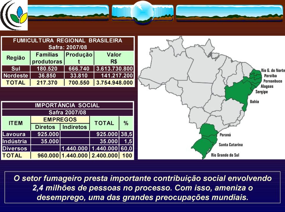 000 12 IMPORTÂNCIA SOCIAL Safra 2007/08 EMPREGOS ITEM TOTAL % Diretos Indiretos Lavoura 925.000 925.000 38,5 Indústria 35.000 35.