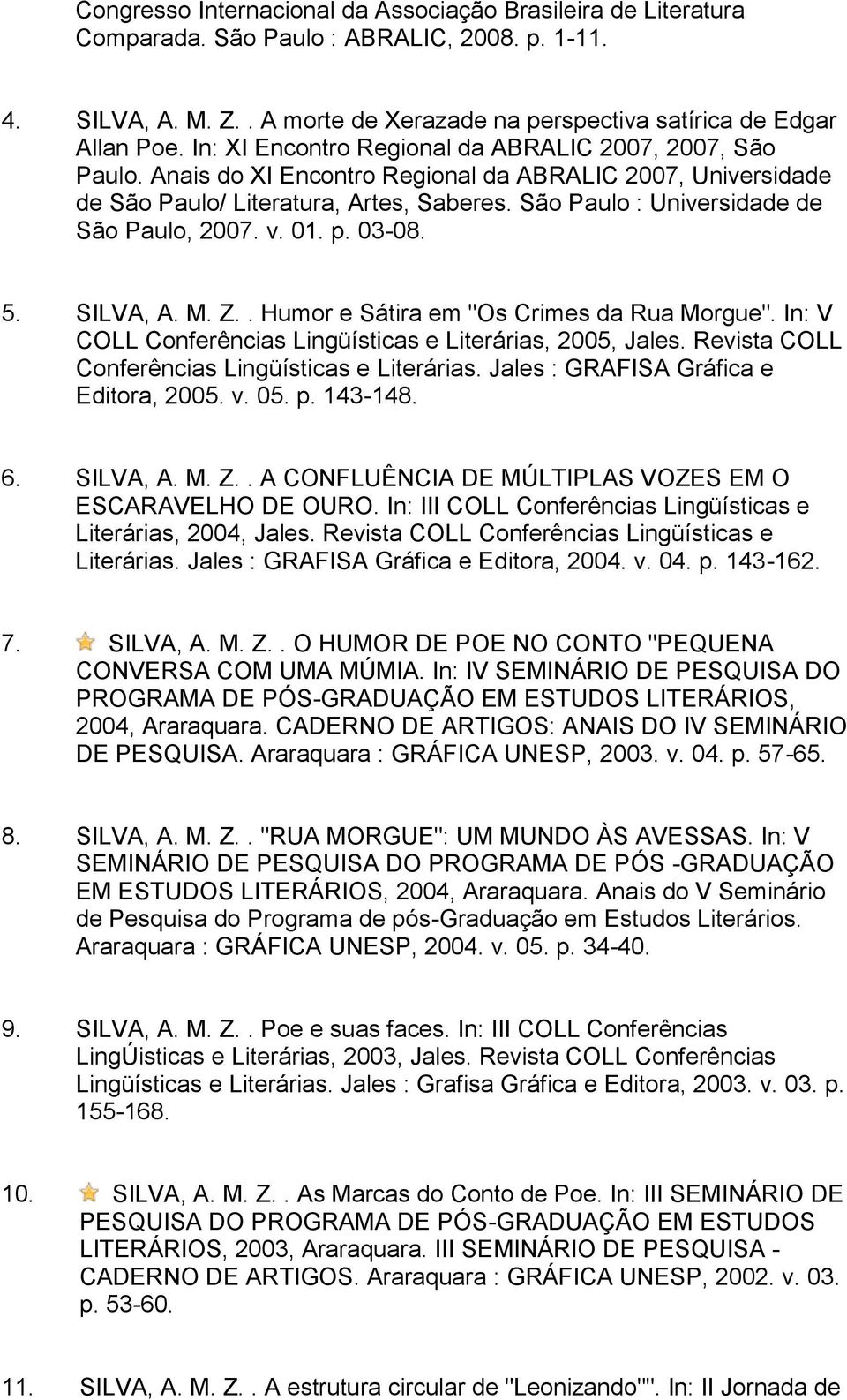 São Paulo : Universidade de São Paulo, 2007. v. 01. p. 03-08. 5. SILVA, A. M. Z.. Humor e Sátira em "Os Crimes da Rua Morgue". In: V COLL Conferências Lingüísticas e Literárias, 2005, Jales.