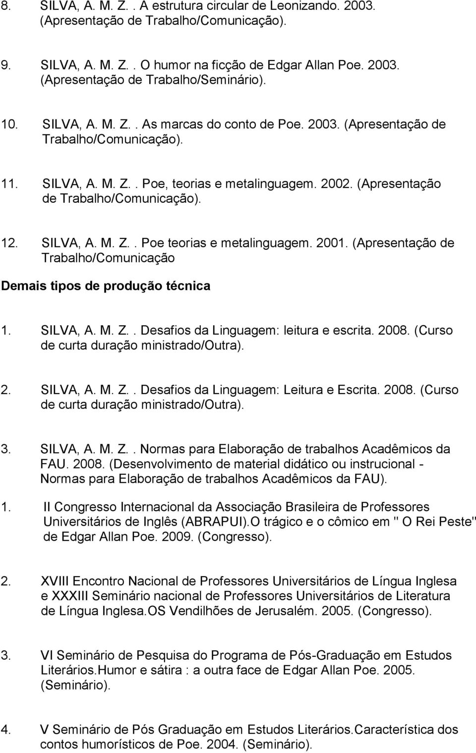 SILVA, A. M. Z.. Poe teorias e metalinguagem. 2001. (Apresentação de Trabalho/Comunicação Demais tipos de produção técnica 1. SILVA, A. M. Z.. Desafios da Linguagem: leitura e escrita. 2008.