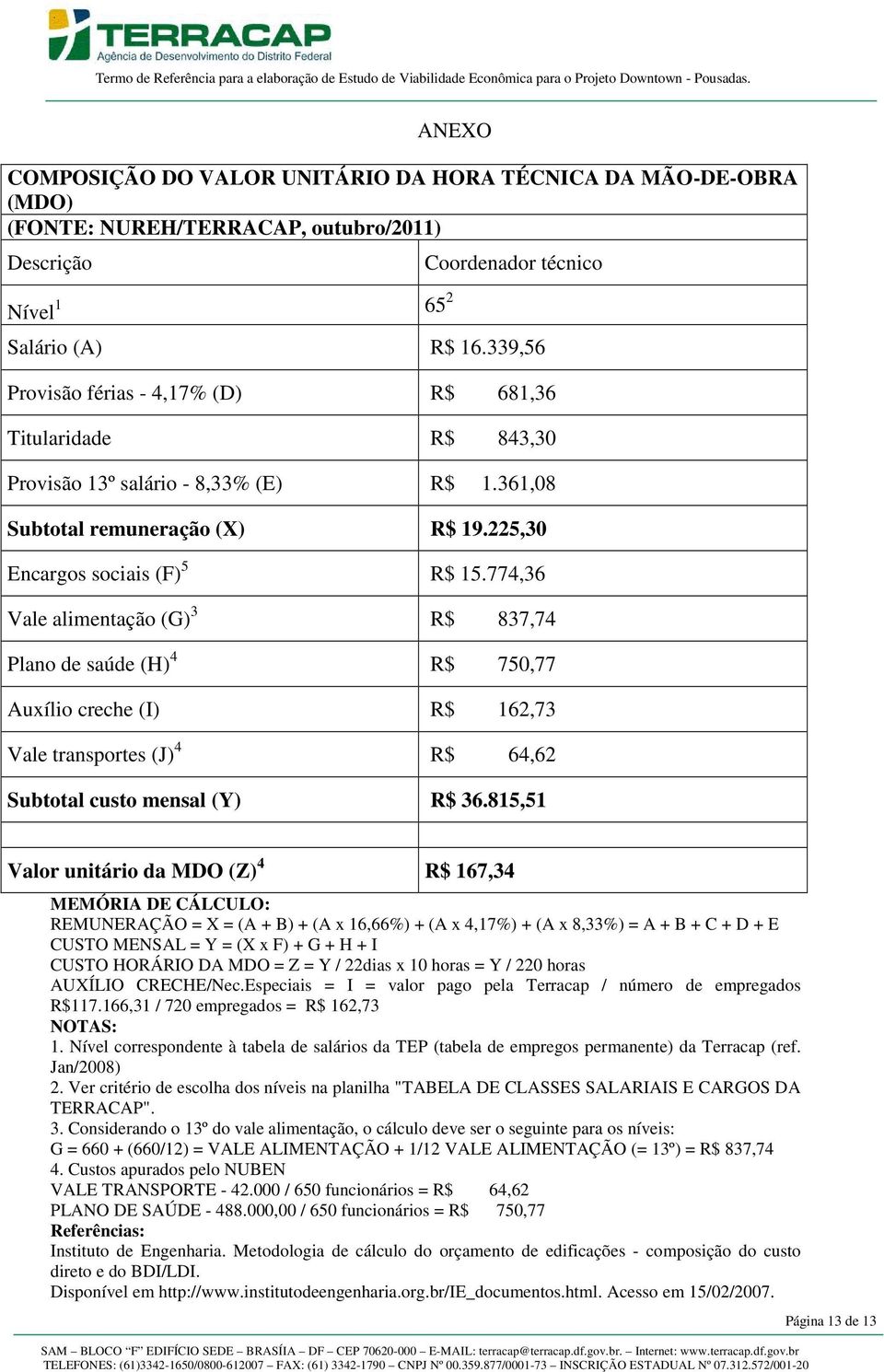 774,36 Vale alimentação (G) 3 R$ 837,74 Plano de saúde (H) 4 R$ 750,77 Auxílio creche (I) R$ 162,73 Vale transportes (J) 4 R$ 64,62 Subtotal custo mensal (Y) R$ 36.