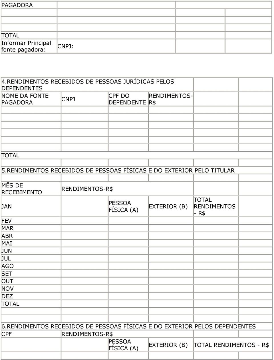 RENDIMENTOS RECEBIDOS DE PESSOAS FÍSICAS E DO EXTERIOR PELO TITULAR MÊS DE RECEBIMENTO JAN FEV MAR ABR MAI JUN JUL AGO SET