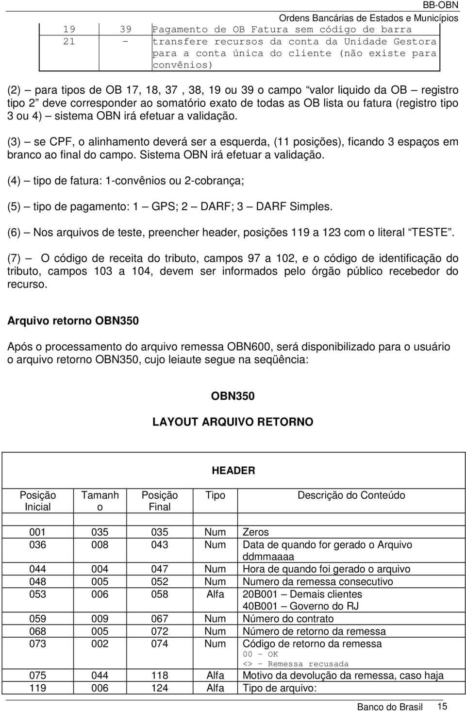 efetuar a validação. (3) se CPF, o alinhamento deverá ser a esquerda, (11 posições), ficando 3 espaços em branco ao final do campo. Sistema OBN irá efetuar a validação.