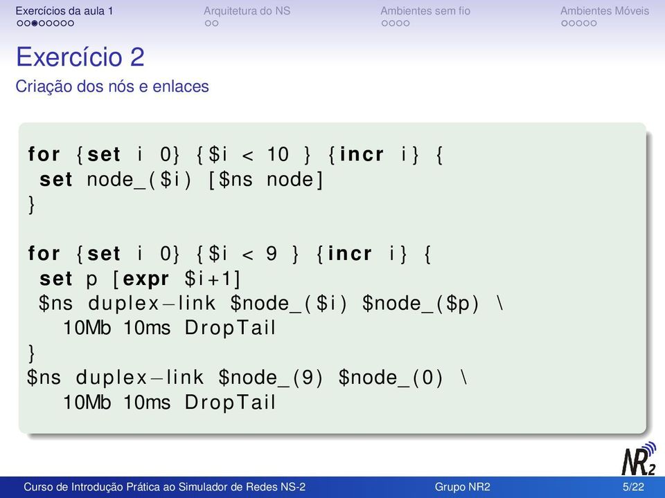 $node_ ( $ i ) $node_ ( $p ) \ 10Mb 10ms DropTail $ns duplex link $node_ ( 9 ) $node_ ( 0