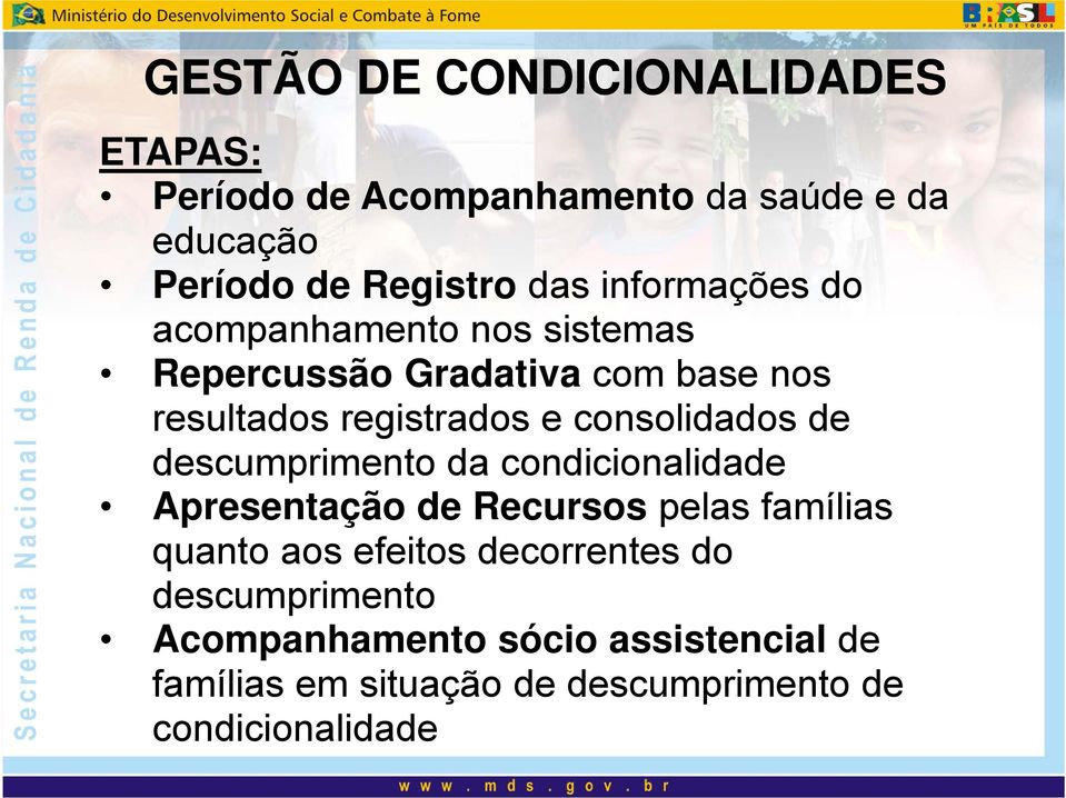 consolidados de descumprimento da condicionalidade Apresentação de Recursos pelas famílias quanto aos efeitos