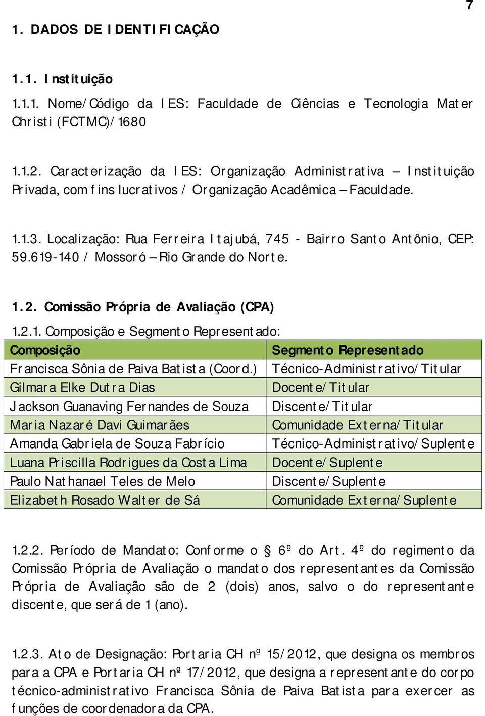 Localização: Rua Ferreira Itajubá, 745 - Bairro Santo Antônio, CEP: 59.619-140 / Mossoró Rio Grande do Norte. 1.2. Comissão Própria de Avaliação (CPA) 1.2.1. Composição e Segmento Representado: Composição Segmento Representado Francisca Sônia de Paiva Batista (Coord.