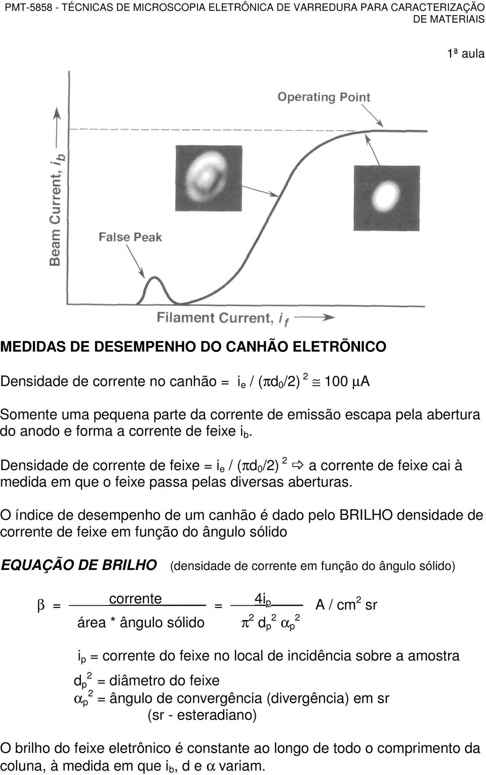 O índice de desempenho de um canhão é dado pelo BRILHO densidade de corrente de feixe em função do ângulo sólido EQUAÇÃO DE BRILHO (densidade de corrente em função do ângulo sólido) β = corrente = 4i