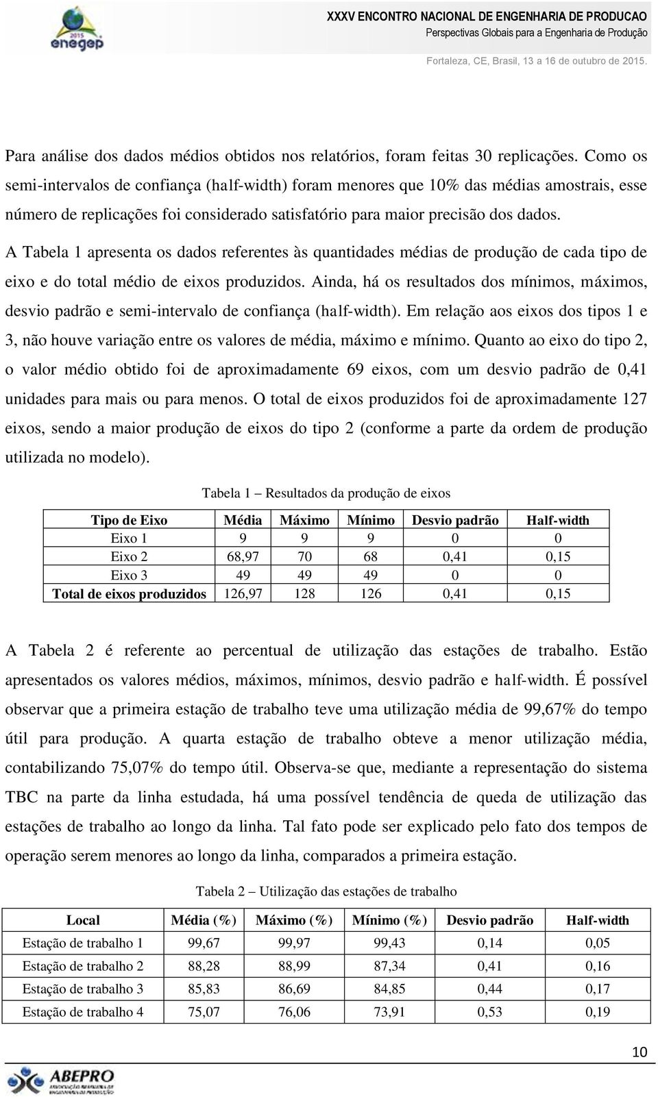 A Tabela 1 apresenta os dados referentes às quantidades médias de produção de cada tipo de eixo e do total médio de eixos produzidos.