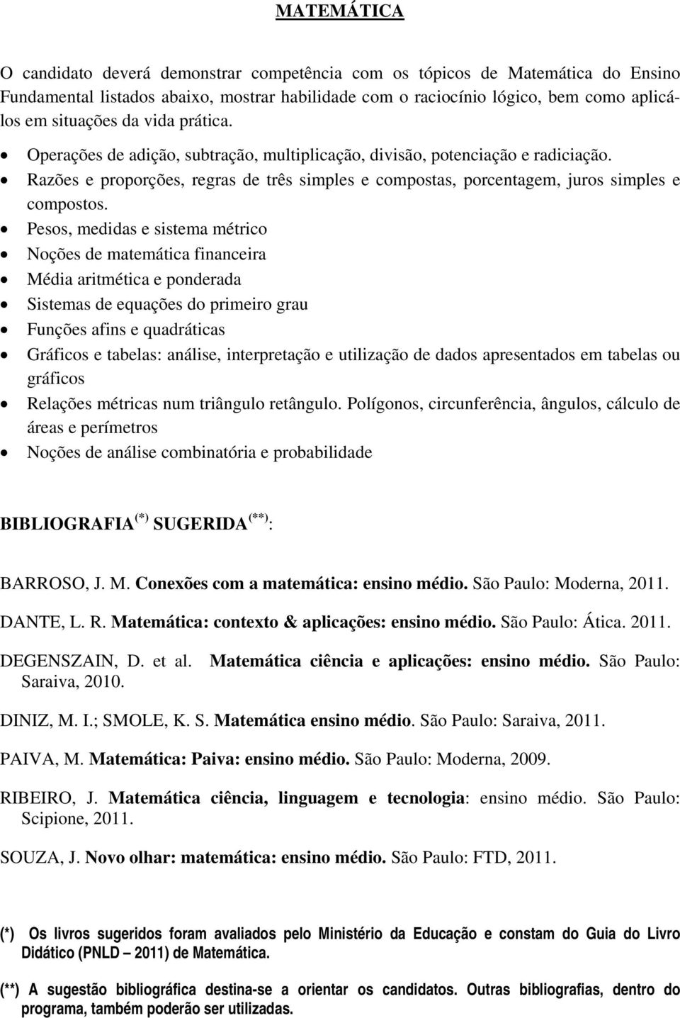 Pesos, medidas e sistema métrico Noções de matemática financeira Média aritmética e ponderada Sistemas de equações do primeiro grau Funções afins e quadráticas Gráficos e tabelas: análise,