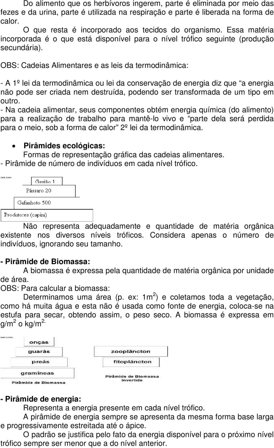 OBS: Cadeias Alimentares e as leis da termodinâmica: - A 1º lei da termodinâmica ou lei da conservação de energia diz que a energia não pode ser criada nem destruída, podendo ser transformada de um