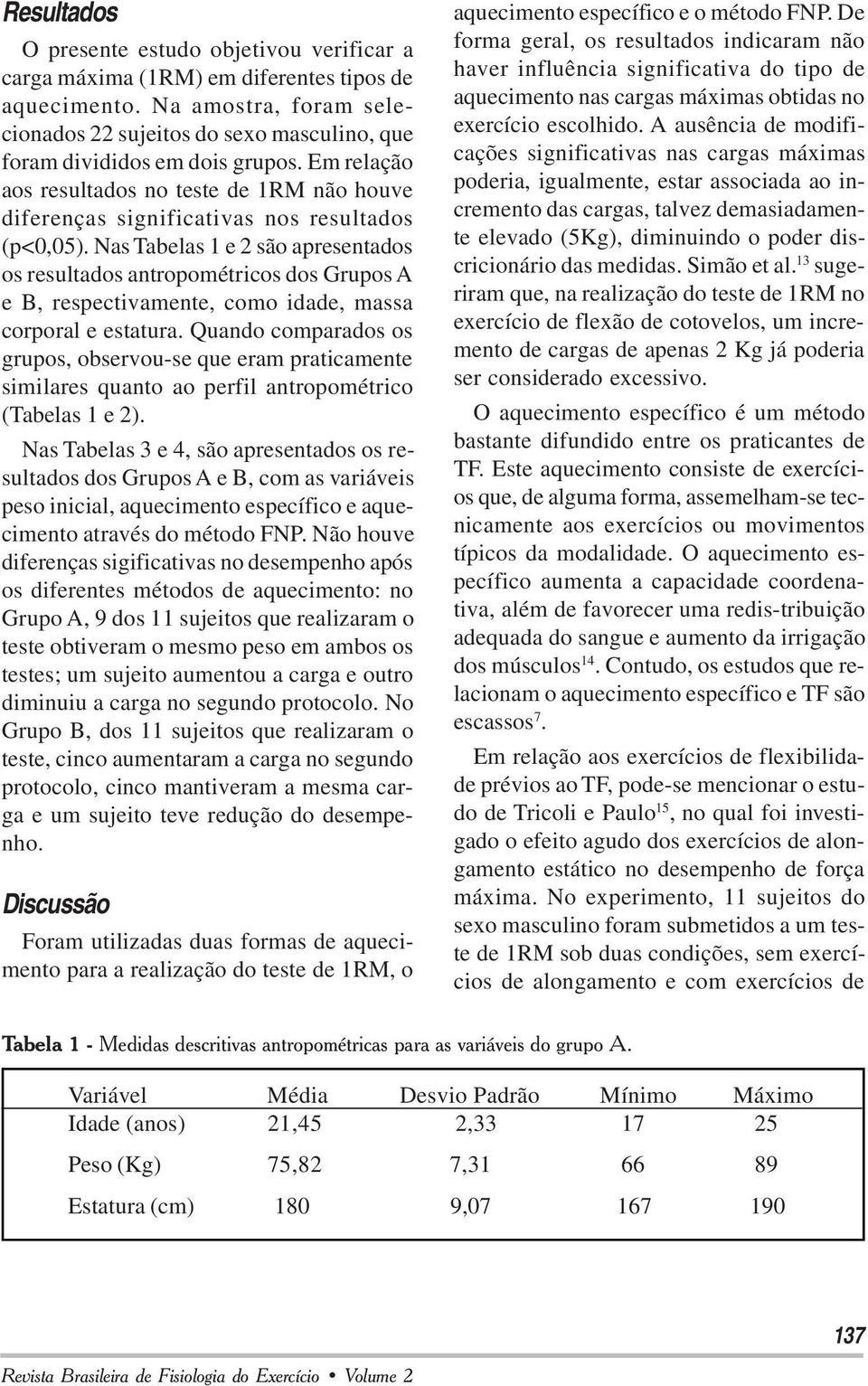 Nas Tabelas 1 e 2 são apresentados os resultados antropométricos dos Grupos A e B, respectivamente, como idade, massa corporal e estatura.