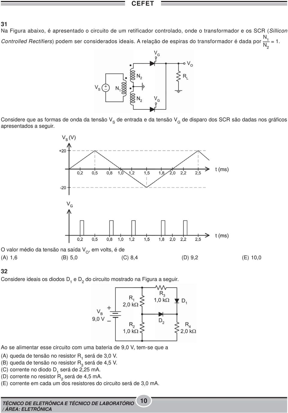 O valor médio da tensão na saída V O, em volts, é de (A) 1,6 (B) 5,0 (C) 8,4 (D) 9,2 (E) 10,0 32 Considere ideais os diodos D 1 e D 2 do circuito mostrado na Figura a seguir.