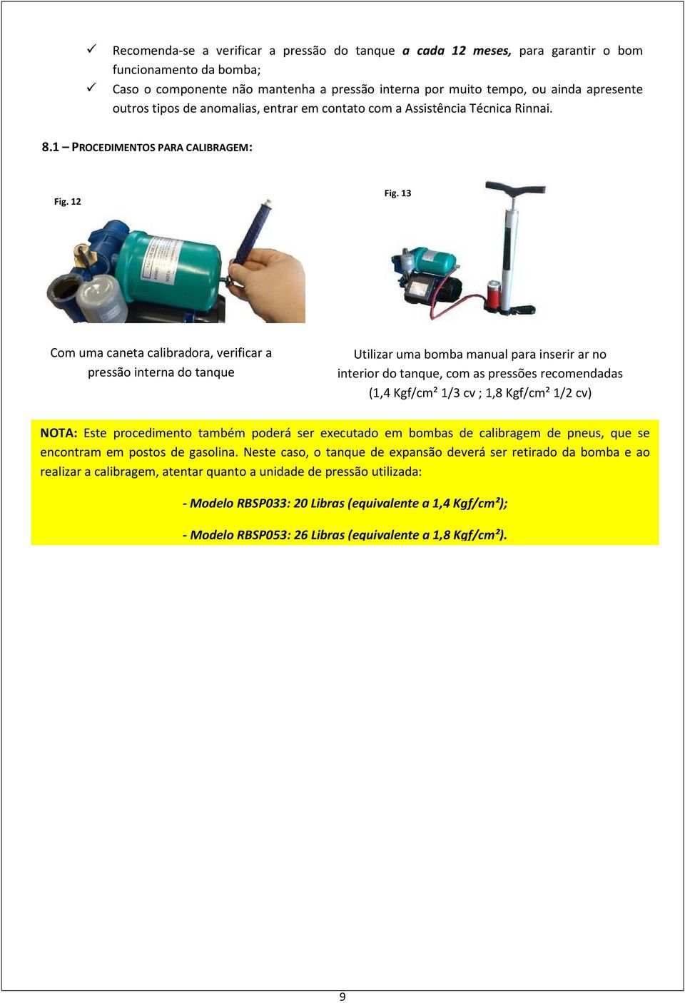 13 Com uma caneta calibradora, verificar a pressão interna do tanque Utilizar uma bomba manual para inserir ar no interior do tanque, com as pressões recomendadas (1,4 Kgf/cm² 1/3 cv ; 1,8 Kgf/cm²