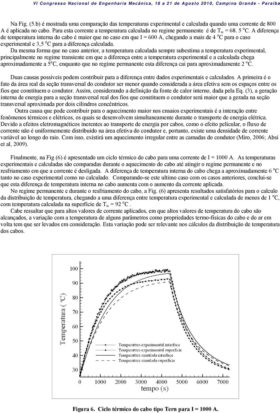 A difeença de tempeatua intena do cabo é maio que no caso em que I = 600 A, chegando a mais de 4 o C paa o caso expeimental e 3,5 o C paa a difeença calculada.