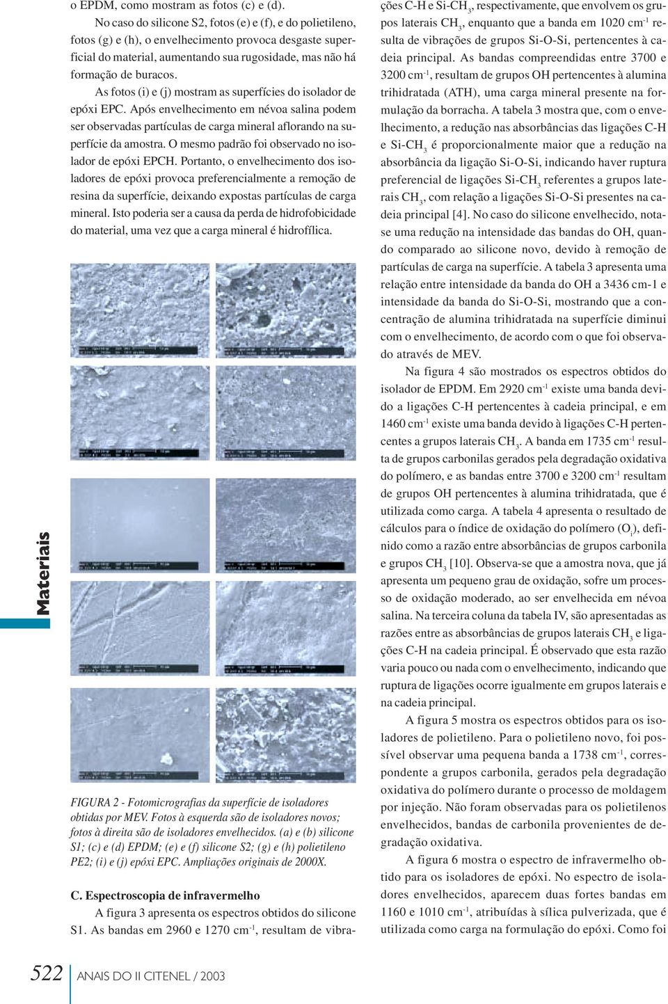 As fotos (i) e (j) mostram as superfícies do isolador de epóxi EPC. Após envelhecimento em névoa salina podem ser observadas partículas de carga mineral aflorando na superfície da amostra.