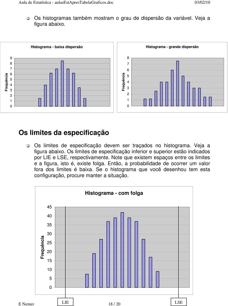 histograma. Veja a figura abaixo. Os limites de especificação inferior e superior estão indicados por LIE e LSE, respectivamente.