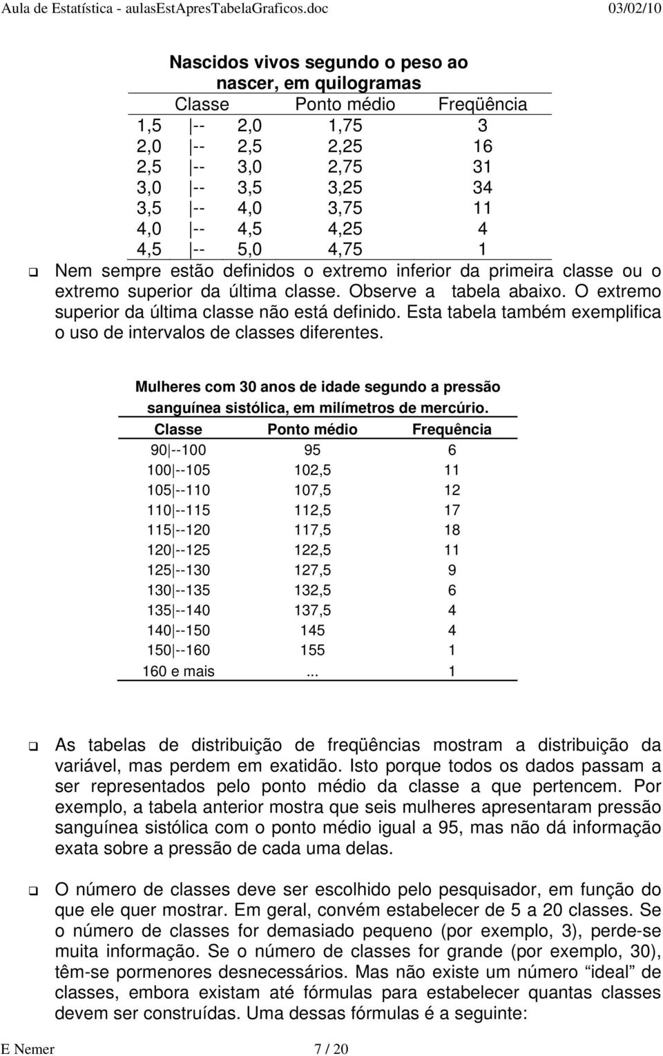 Esta tabela também exemplifica o uso de intervalos de classes diferentes. Mulheres com 3 anos de idade segundo a pressão sanguínea sistólica, em milímetros de mercúrio.