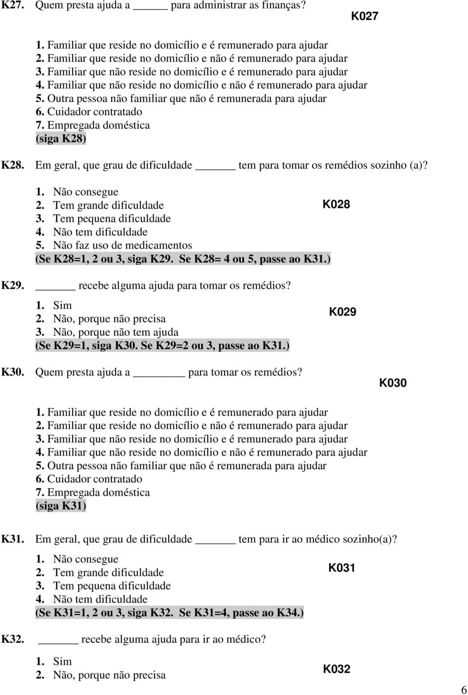 , porque não precisa (Se K29=1, siga K30. Se K29=2 ou 3, passe ao K31.) K029 K30. Quem presta ajuda a para tomar os remédios? K030 (siga K31) K31.