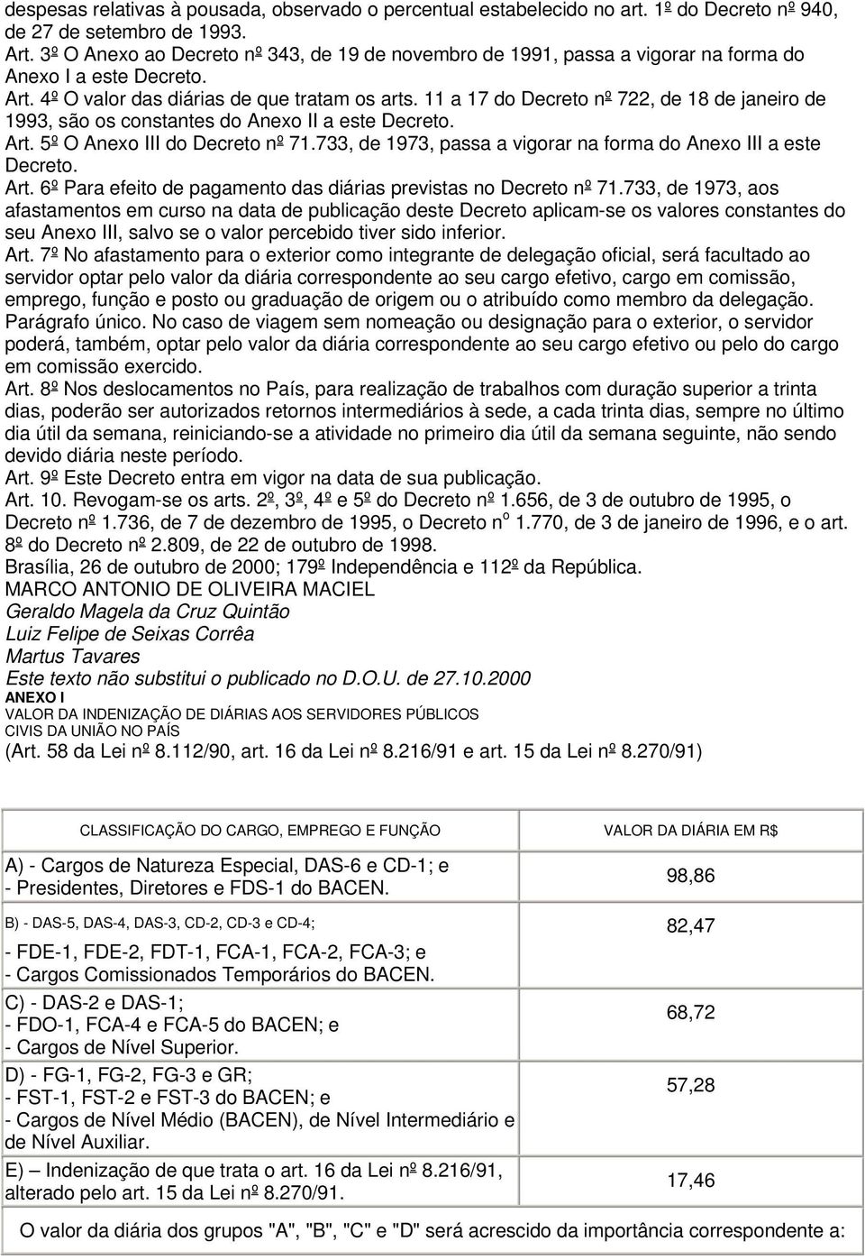 11 a 17 do Decreto nº 722, de 18 de janeiro de 1993, são os constantes do Anexo II a este Decreto. Art. 5º O Anexo III do Decreto nº 71.