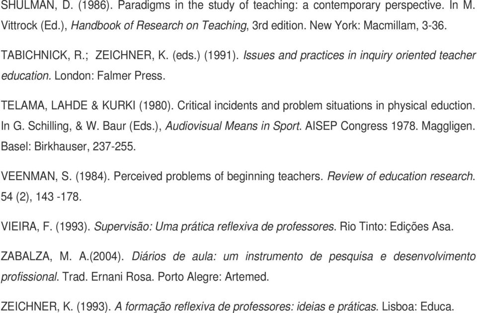 Critical incidents and problem situations in physical eduction. In G. Schilling, & W. Baur (Eds.), Audiovisual Means in Sport. AISEP Congress 1978. Maggligen. Basel: Birkhauser, 237-255. VEENMAN, S.