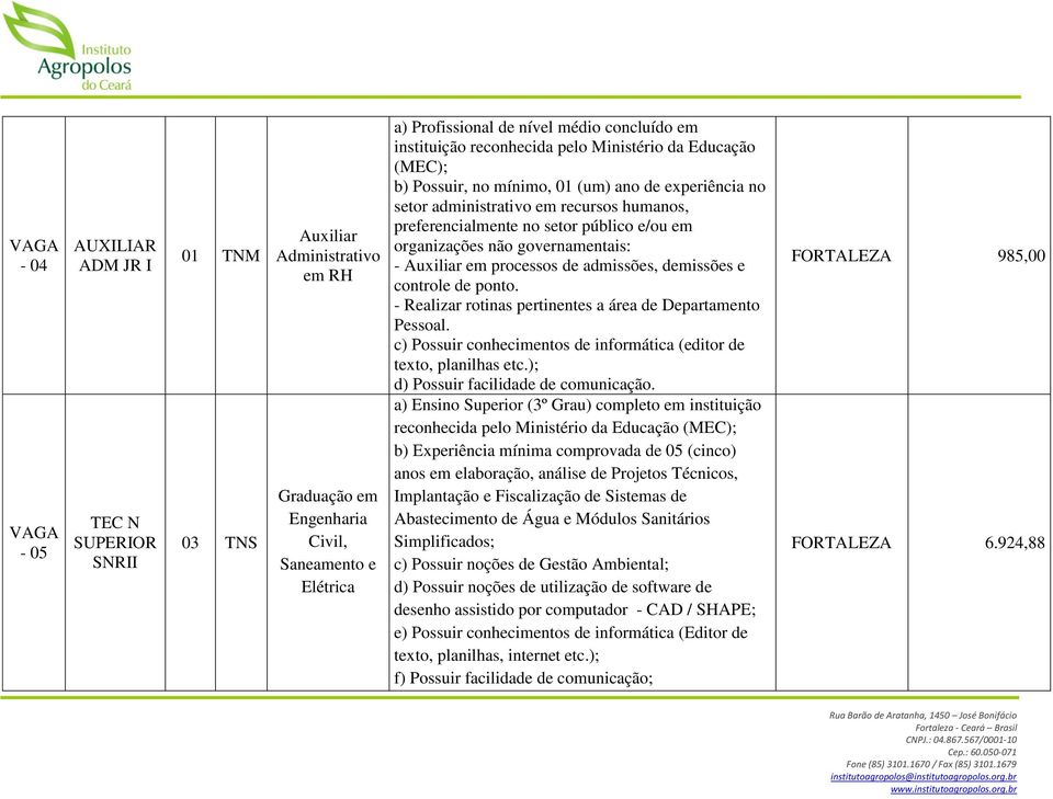 governamentais: - Auxiliar em processos de admissões, demissões e controle de ponto. - Realizar rotinas pertinentes a área de Departamento Pessoal.