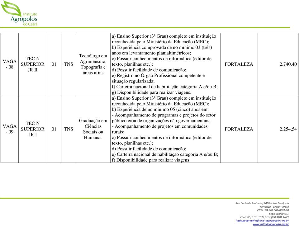 ); d) Possuir facilidade de comunicação; e) Registro no Órgão Profissional competente e situação regularizada; f) Carteira nacional de habilitação categoria A e/ou B; g) Disponibilidade para realizar