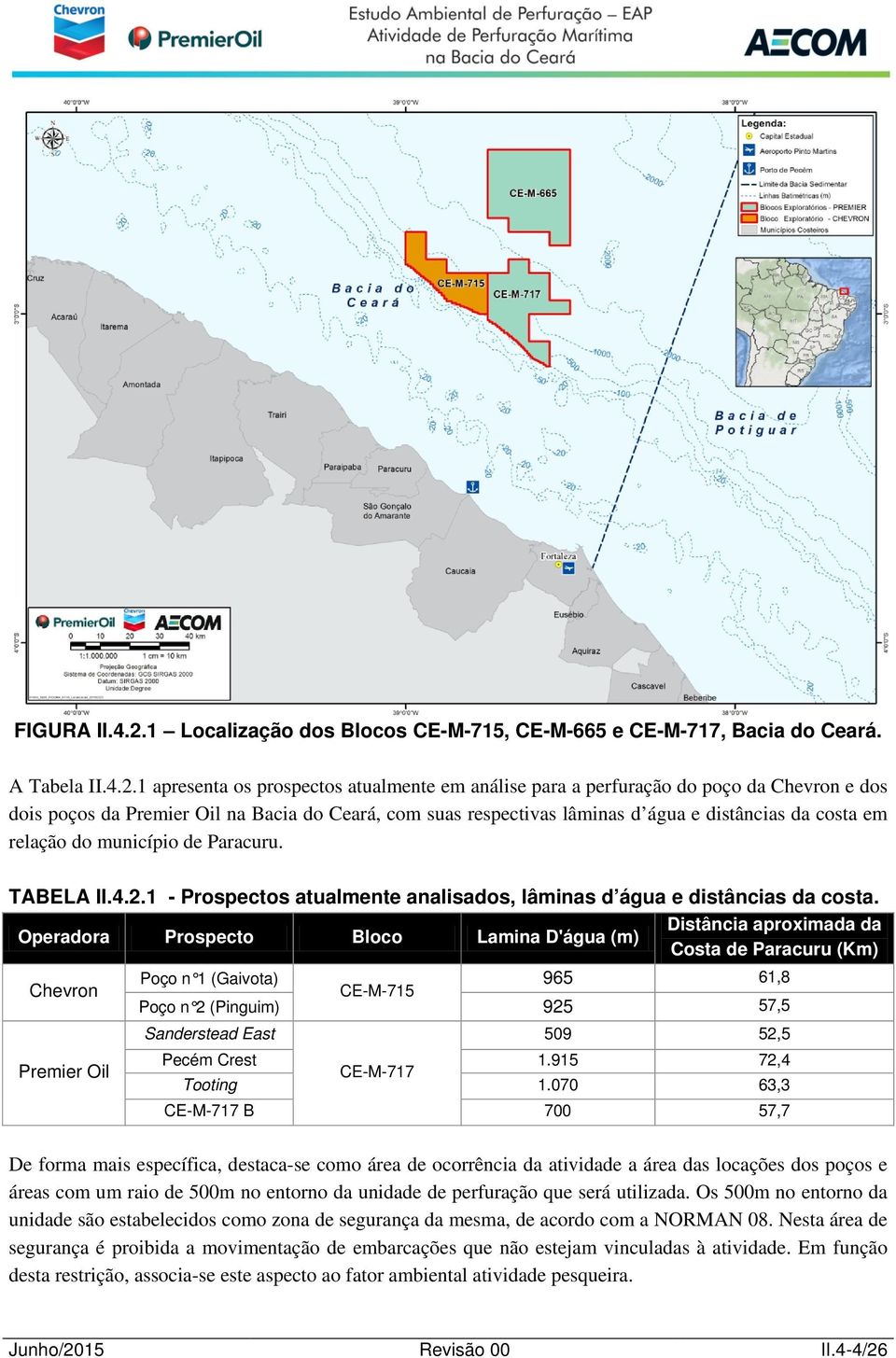 1 apresenta os prospectos atualmente em análise para a perfuração do poço da Chevron e dos dois poços da Premier Oil na Bacia do Ceará, com suas respectivas lâminas d água e distâncias da costa em