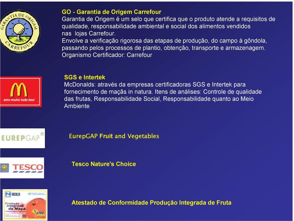 Organismo Certificador: Carrefour SGS e Intertek McDonalds: através da empresas certificadoras SGS e Intertek para fornecimento de maçãs in natura.