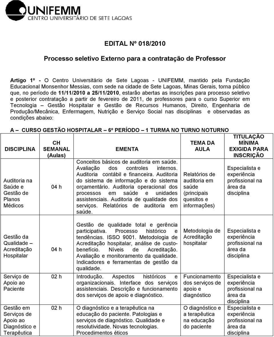 2011, de professores para o curso Superior em Tecnologia Gestão Hospitalar e Gestão de Recursos Humanos,, Engenharia de Produção/Mecânica, Enfermagem, Nutrição e Serviço Social nas s e observadas as