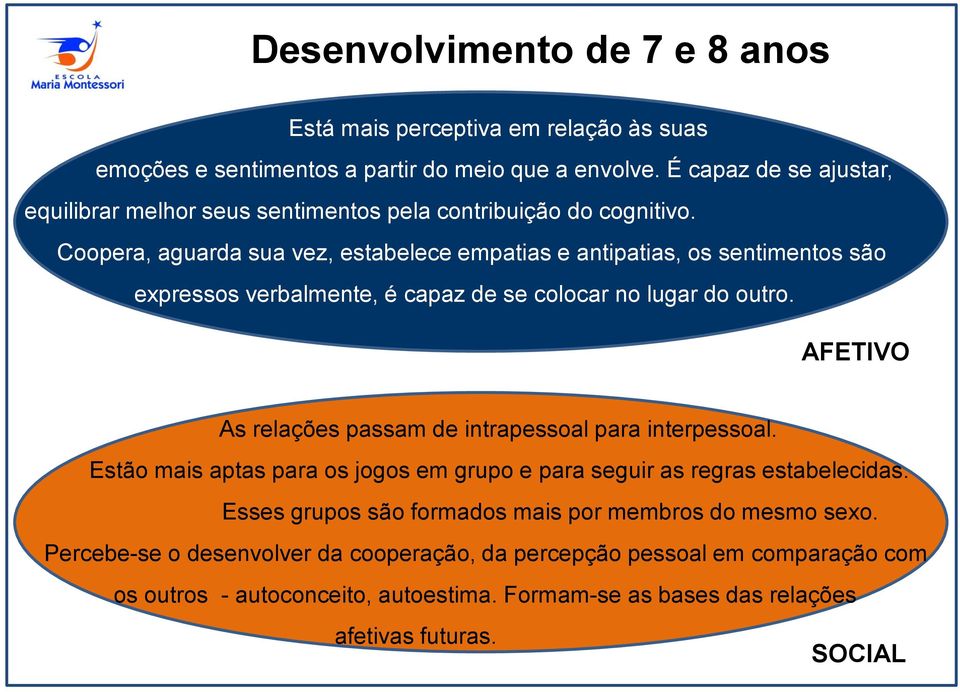 expressos verbalmente, é capaz de se colocar no lugar do outro. AFETIVO As relações passam de intrapessoal para interpessoal.