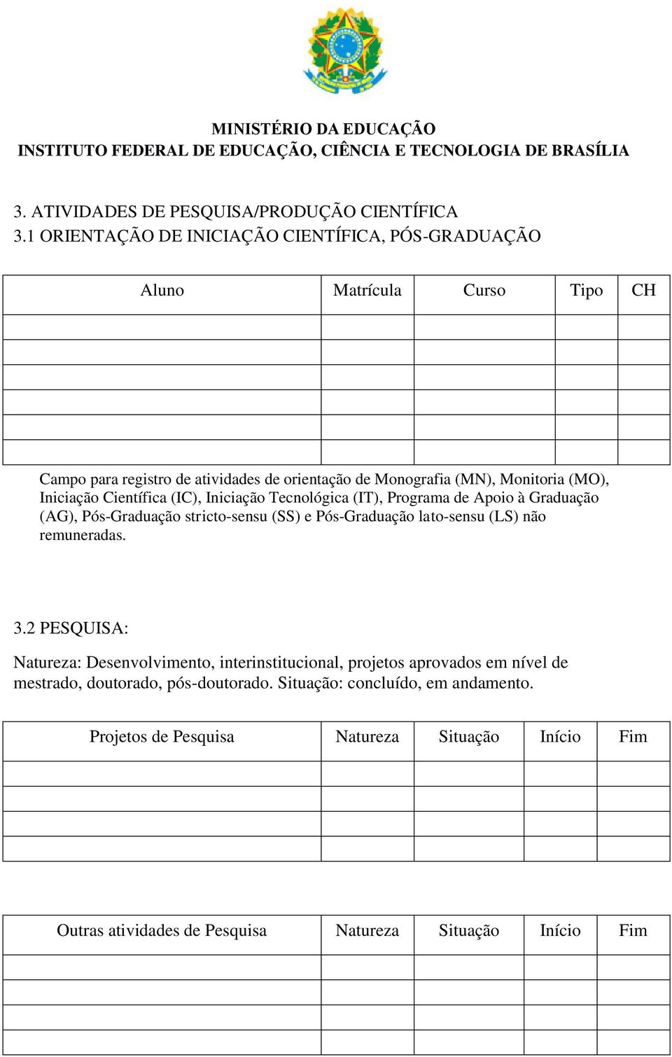 (MO), Iniciação Científica (IC), Iniciação Tecnológica (IT), Programa de Apoio à Graduação (AG), Pós-Graduação stricto-sensu (SS) e Pós-Graduação lato-sensu (LS)