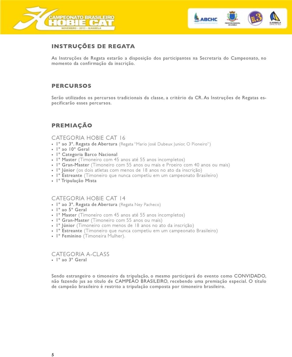 Regata de Abertura (Regata Mario José Dubeux Junior, O Pioneiro ) 1º ao 10º Geral 1º Categoria Barco Nacional 1º Master (Timoneiro com 45 anos até 55 anos incompletos) 1º Gran-Master (Timoneiro com