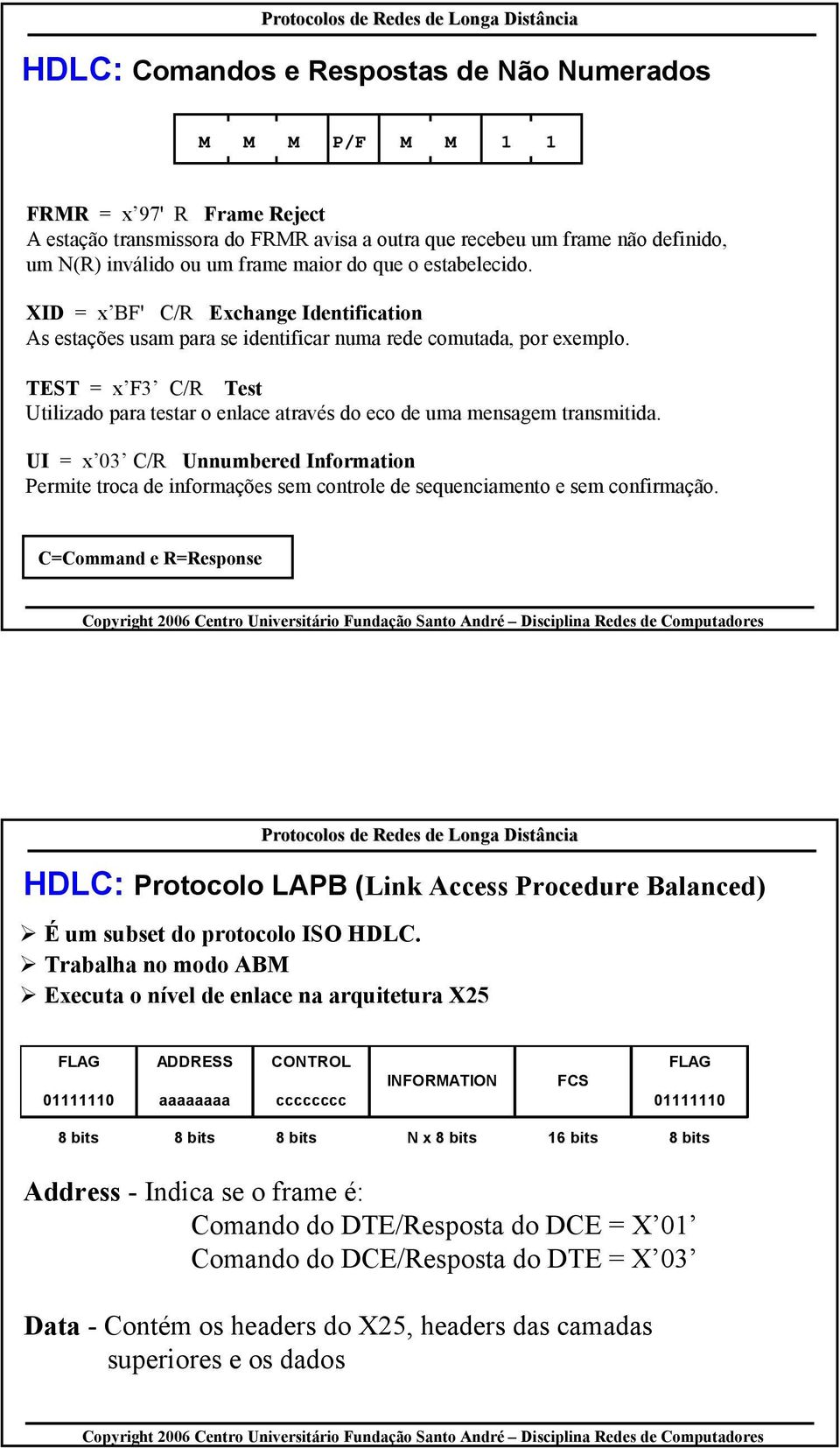 TEST = x F3 C/R Test Utilizado para testar o enlace através do eco de uma mensagem transmitida.