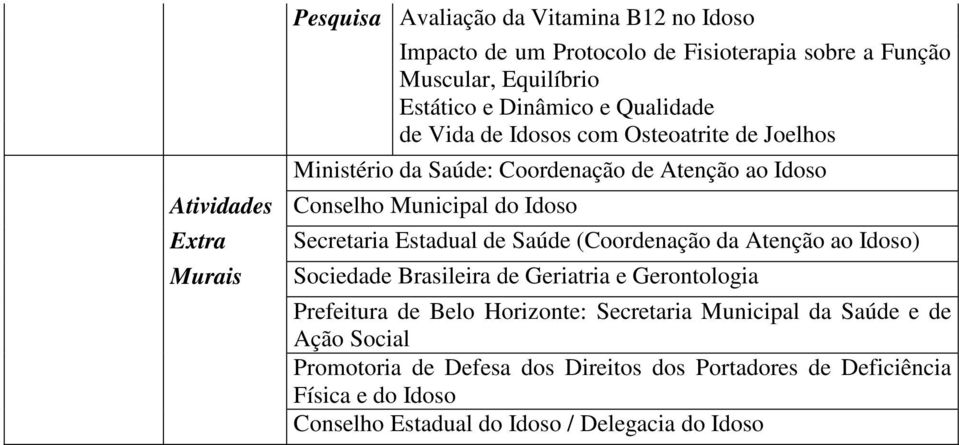Secretaria Estadual de Saúde (Coordenação da Atenção ao Idoso) Sociedade Brasileira de Geriatria e Gerontologia Prefeitura de Belo Horizonte: Secretaria