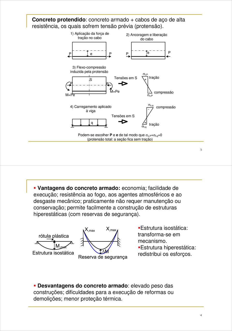 Carregamento aplicado à viga q Tensões em S + t,q - c,q tração compressão Podem-se escolher P e e de tal modo que c,p+ t,q =0 (protensão total: a seção fica sem tração) 3 Vantagens do concreto