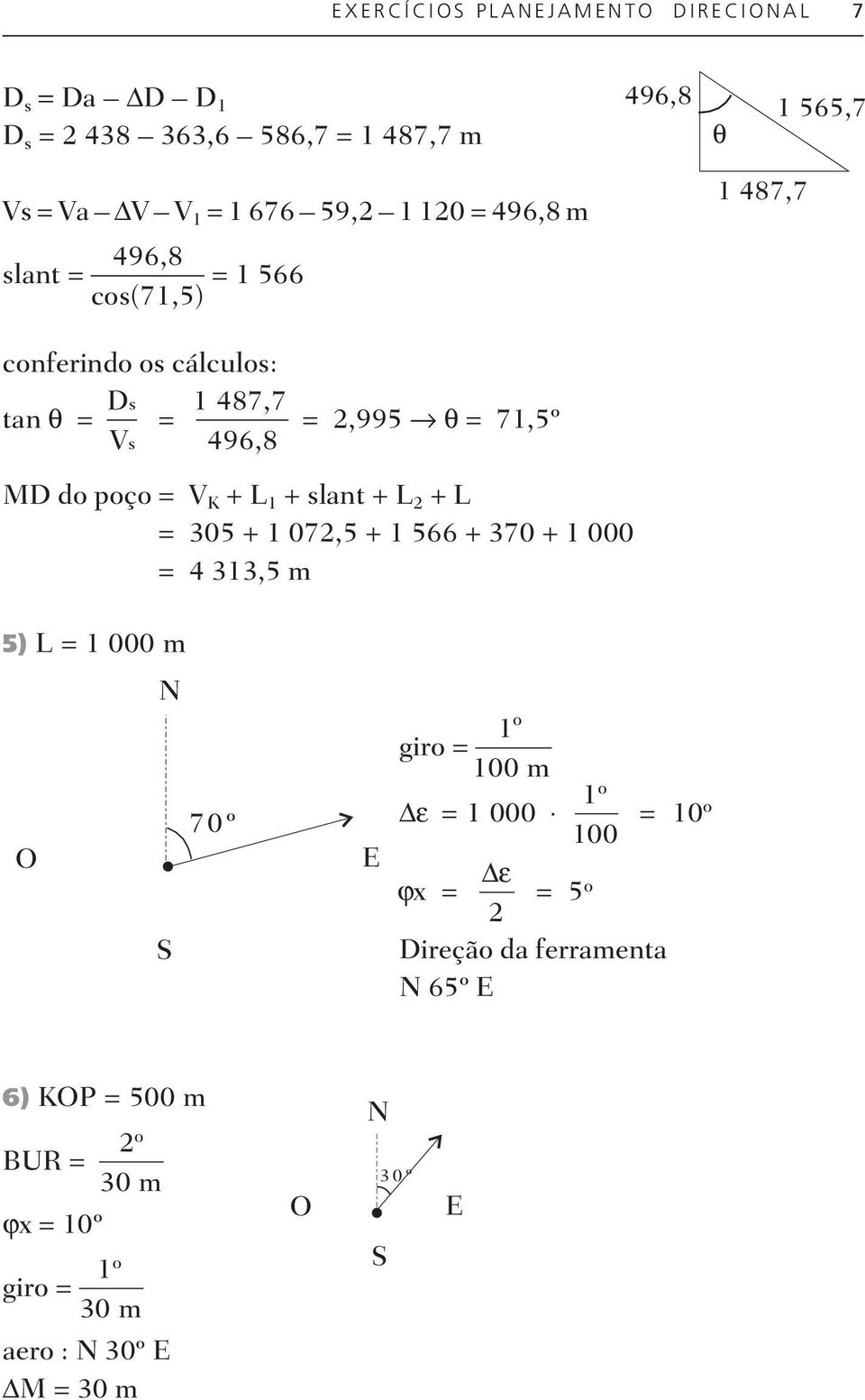 slant + L 2 + L MD do poço = 305 + 1 072,5 + 1 566 + 370 + 1 000 MD do poço = 4 313,5 m 5) L = 1 000 m N 70º O S E o 1 giro = 100 m o 1 ε = 1 000