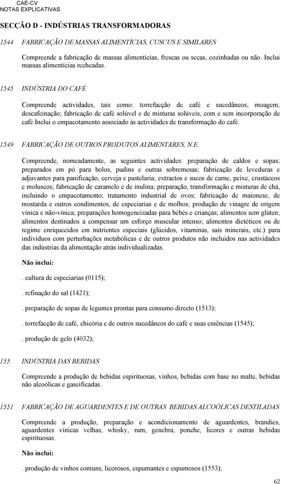 1545 INDÚSTRIA DO CAFÉ Compreende actividades, tais como: torrefacção de café e sucedâneos; moagem; descafeinação; fabricação de café solúvel e de misturas solúveis, com e sem incorporação de café.