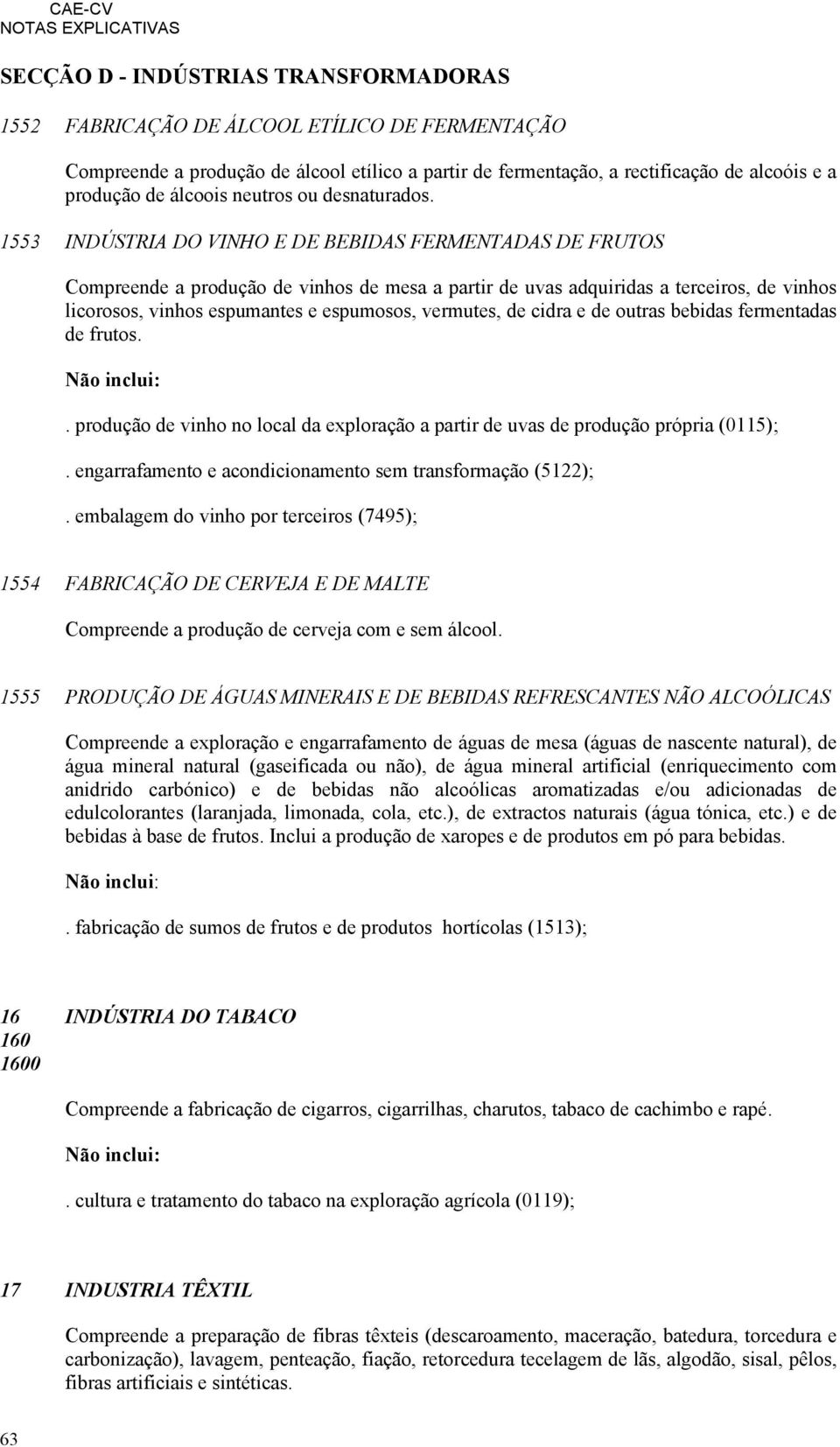 1553 INDÚSTRIA DO VINHO E DE BEBIDAS FERMENTADAS DE FRUTOS Compreende a produção de vinhos de mesa a partir de uvas adquiridas a terceiros, de vinhos licorosos, vinhos espumantes e espumosos,