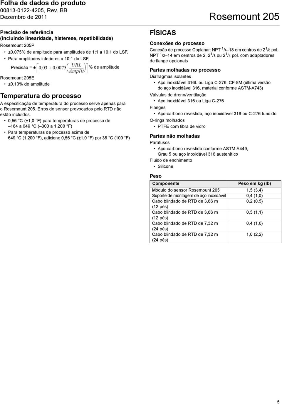 0075 ----------------- % de amplitude Amplit Rosemount 205E ±0,10% de amplitude Temperatura do processo A especificação de temperatura do processo serve apenas para o Rosemount 205.