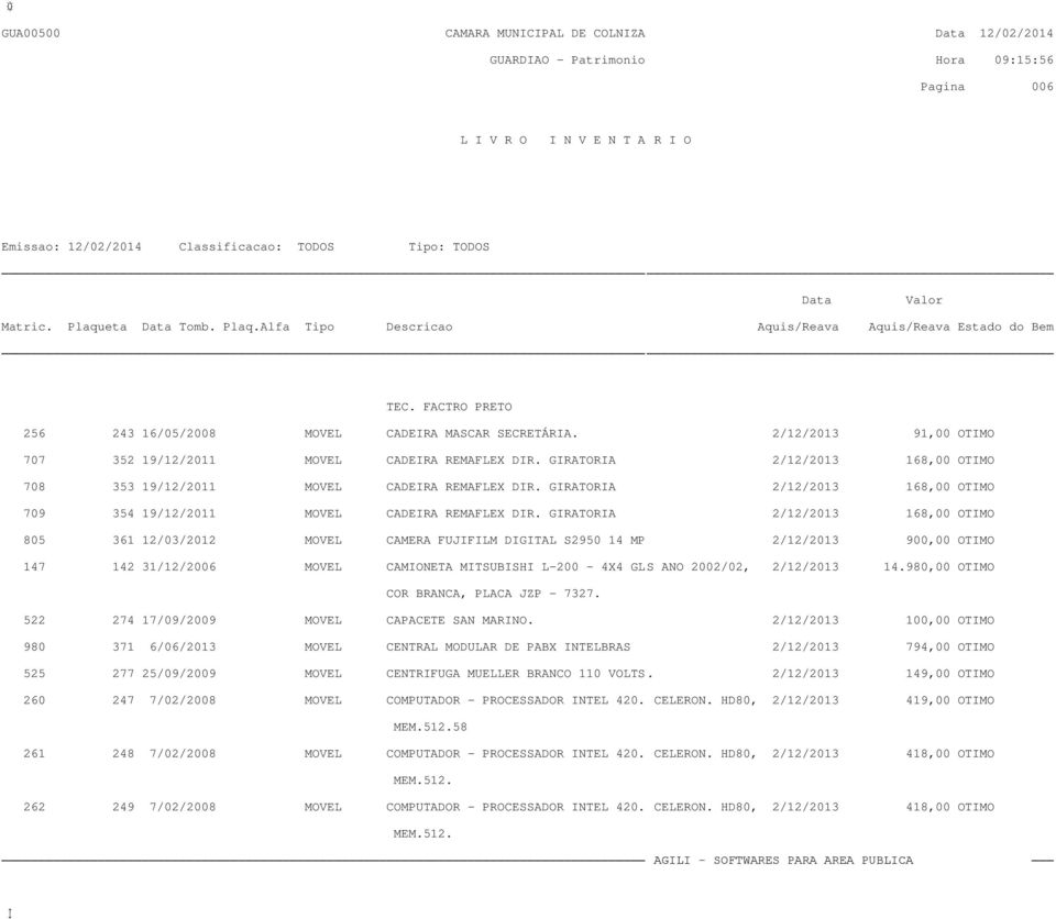 GIRATORIA 2/12/2013 168,00 OTIMO 709 354 19/12/2011 MOVEL CADEIRA REMAFLEX DIR.