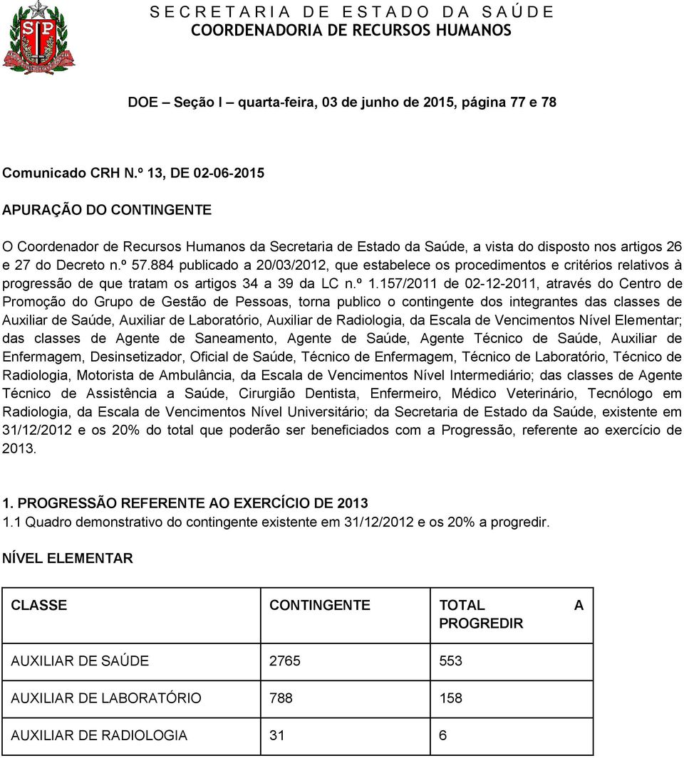 884 publicado a 20/03/2012, que estabelece os procedimentos e critérios relativos à progressão de que tratam os artigos 34 a 39 da LC n.º 1.